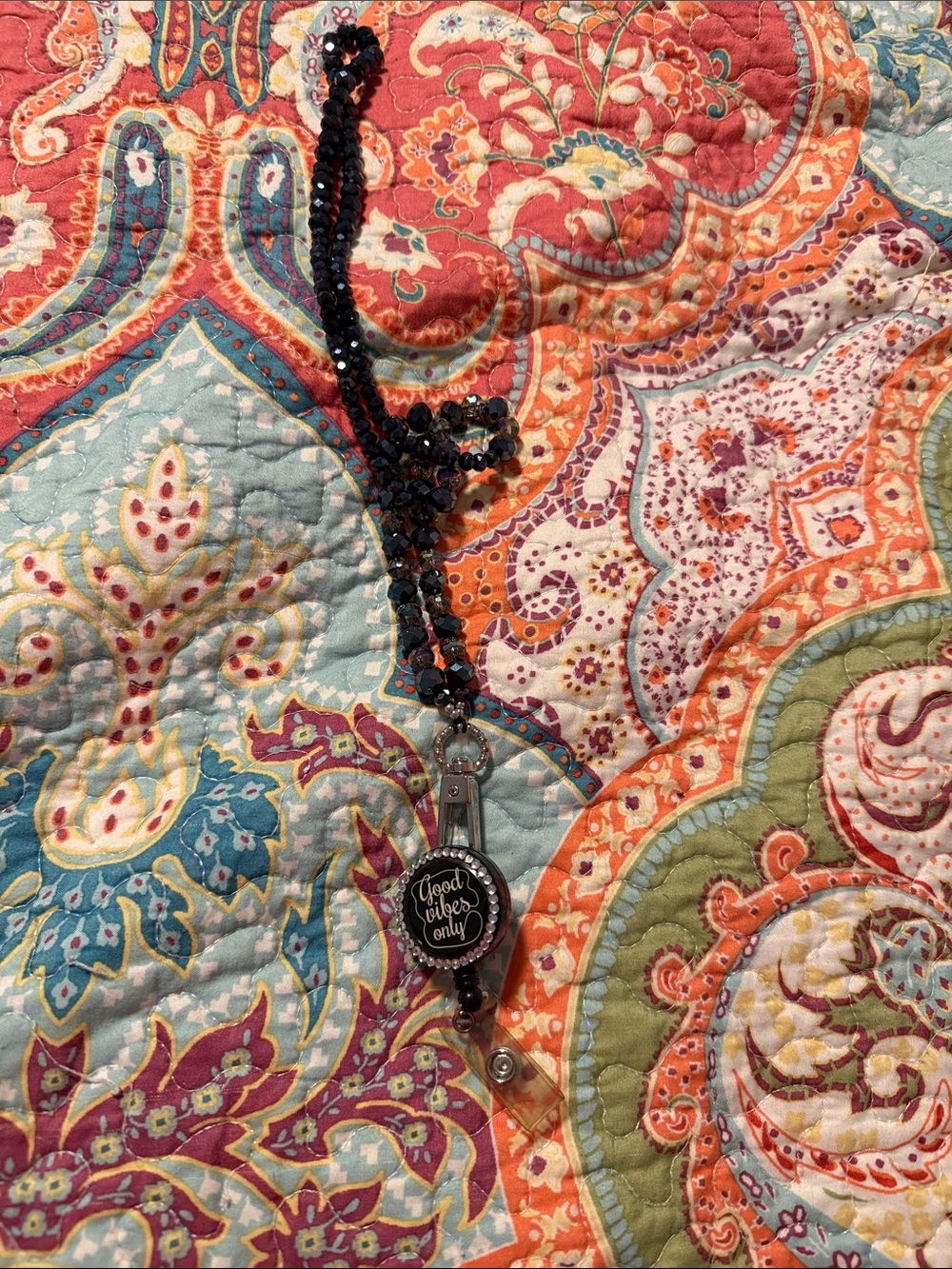 Beaded Badge Reel Lanyard - Black - Good Vibes Only